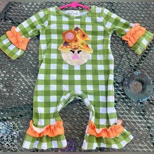 Marie Nicole 3-6 month Embroidered Scarecrow Plaid Romper w Ruffled Legs